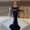 Sodigne Classic Evening Elastic Satin Black Long Sleeve Beaded Crystal Mermaid Prom Dress Formal Party Gown No Gloves
