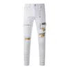 Nova marca roxa de alta qualidade 1 1 2024 Slim Fashion Jeans High Street White Patch Ripped Jeans