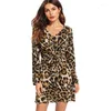 Casual Dresses Spring Leopard Print V-Neck Cut-Out Long Sleeve Dress