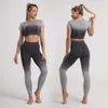 Lu Set jumpsuit uitlijnen citroen naadloze gradiënt geverfde yoga sport fiess hoge taille heup-liftige broeken pakken training kleding gym leggings se