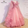 Party Dresses Noble Weiss Sexy Pink Prom Applices Beading Ball klänning V-ringen Bare Back See Through Tulle