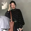Camicette da donna coreana chic estate camicie vintage francesi vintage in bianco e nero a pois mezza collare a manica a manica a soffio sciolto per donne