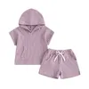 Kläder sätter Little Girl Boy Waffle Set Solid Color Hooded T Shirt Topps Elastic Midje Split Shorts Toddler Summer Outfits