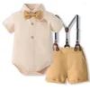 의류 세트 Bulingna Infant Baby Boy Gentleman Outfits Bowtie 서스펜더 Bib Shums Suits 세트와 짧은 소매 롬퍼 셔츠