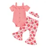 Roupas conjuntos de roupas FocusNorm 0-18M Infantas meninas roupas roupas de menina fora do ombro Spaghetti Strap Bow Macacper com calças de flareira de morango