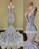 2022 Sparkly pailletten Mermaid Afrikaanse avondjurken dragen zwarte meisjes juweel nek illusie lange afstuderen jurk plus size formeel S5294598