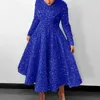 Casual jurken mode elegant diepblauwe lovertjes geplooid a-line feestjurk vrouwen o-neck lange mouw cocktial prom vrouwelijke banket gewaden