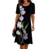 Casual Dresses Short Sleeve Dress Women A-line Midi Floral Tulip Print Summer för mjuk andningsbar knälängd pendling