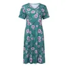 Casual Dresses Summer 2024 O Neck Kort ärm för kvinnor Beach Plus Size Bohemian Floral Print Plain T Shirt Loose Dress