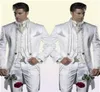 Custom Made Embroidery 3 Piece Groom Tuxedos Long White Men Wedding Suit Bridgroom Men Dinner Prom WearJacketPantsVest6443941