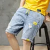 Summer Mens Grey Perforated Denim Shorts Korean Fashion Slim Elastic Fivepiece Jeans Male Brand Pants 11styles 240409