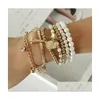 Bracelets de charme 6pcs/conjunto Gold Sier Link Chain Chain Pearl Beads Bracelet Star Mtilayer Seted para mulheres Jóias de partido Delive Delive DHG28