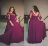 Plus Size Evening Gowns Purple Chiffon Backless Prom Dresses Sheer Neck Lace Appliques Top Formal Dress with Illusion Sleeves Cust7526617