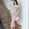 Casual Dresses 2024 Luxury Sequins Sling Long Dress Women Fashion Chic Ruffled Mermaid Summer Korean Elegant Bodycon Sexy Club Prom