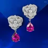 Boucles d'oreilles en peluche fleur Ruby Diamond Oreille d'oreille Real 925 Drop de mariage en argent sterling pour femmes Gift de bijoux de fiançailles nuptiales