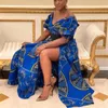 Dashiki tryck ankara klänningar afrikanska kvinnor kläder sommar bohe sexig v-ringning rygglös slits maxi klänning kanga kläder plus storlek 240407