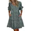 Casual Dresses European American Fashion Floral Print Short Sleeve Dress kjol Kvinnor Sexig tryckt mini