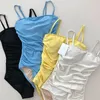 Kvinnors badkläder Sling One Piece Swimsuit Women Solid Tummy Control 2024 Strap Ruched Swimming Summer Beachwear Monokini