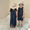 Clothing Sets 2024 Summer Brother Sister Denim Outfits Retro Solid Boy Children Sleeveless Tops Short 2pcs Girl Baby Cotton Casual Skirt