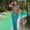 Robes décontractées de base Tenues de plage en tricot bleu Femmes Sexy Halter Backless Crop Top et Maxi Jupes Summer Solid Bikini Cover Up Two Piece Set T240412