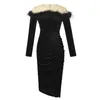 Casual Dresses Retro Elegant Sexy For Women 2024 Shiny Black Velvet Long Sleeve Folds Slit Bodycon Robe Lady Party Prom Vestidos Spring