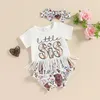 Roupas conjuntos de roupas infantis de cidadãos de cidadãos de garotas letra de letra impressão de manga curta T-shirt shorts florais e conjunto de roupas de cabeça
