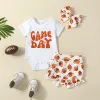 Shorts 02Y Infant Baby Girl Game Jumpsuit Outfits Letter Print Short Sleeve Romper+ Football Shorts + Bow Headband