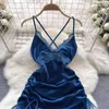 Casual Dresses Women Sexy Deep V Lace V-neck Low Cut Irregular Wrapped Hip Velvet Suspended Strap Spicy Girl Open Back Purely Dress 2024