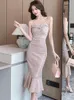 Robes décontractées 2024 Luxury Sequins Sling Long Robe Femmes Fashion Chic sirène ébouriffée Summer coréen Elegant Bodycon Sexy Club Prom