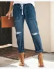 Spodnie damskie 2024 Zwykłe podarte chłopak dżinsy stretch crop jean z dziurami mody Casual