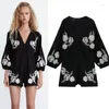 Women's Jumpsuits Early Autumn Black V-neck Embroidered Linen Shorts