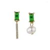 Boucles d'oreilles 925 argent sterling simple Emerald Crystal Pearl Asymétrique pour femmes Piercing Bijoux Cadeau de mariage pour femmes