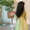 Flickaklänningar 1-6t Summer Baby Girls Dress Puffy Short Sleeved Green Mesh Casual Kids Princess Wedding Fashion Children Vestidos