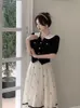 huangFrench Flesh Covering Skirt Set for Womens 2024 Summer Doll Neck Age Reducing Casual Fashion Two Piece Set