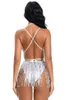 Women's Swimwear Women One Piece Swimsuit Sequin Sparkly Fringe Hem Shiny Plunge V Neck Bodysuit Bathing Suits Rave Outfit