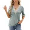 Women's Blouses Loose Fit Women Top Golden Lace V-neck T-shirt For Streetwear Tops With Short Sleeve Pullover Style