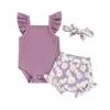 Kläder sätter prinsessa baby flickor kläder sommar barn shorts set outfits hylsa romper med blomma tryck och hårband spädbarn kostymer