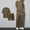 Herrspårar Ice Silk Men kläder Summer Sports Two-Piece Set Round Neck T-Shirt Drawstring Pants for Casual Wear Inhoor Outdoor