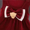 Girl Dresses Girls Year's Ceremonial Red Autumn and Winter Baby Square Neck Sleeveless Bear Bow Principessa dolce Principessa