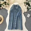 Spódnice Dżinsowa spódnica dla kobiet Kieszenie wysokiej talii Side podzielone Wszechmocne Streetwear Woman Summer Korean Style Long Folds Drop