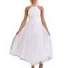 Casual Dresses Formal Evening Dress Gown Elegant Lace-Up High Collar med Multi-Layer Mesh Hem Off för brudtärna