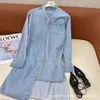 Women's T-shirt Pre Autumn Half Stand Neck Asymmetric Shirt Dress Loose Shaped Irregular Lightweight Denim Fabric