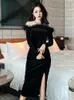 Casual Dresses Retro Elegant Sexy For Women 2024 Shiny Black Velvet Long Sleeve Folds Slit Bodycon Robe Lady Party Prom Vestidos Spring