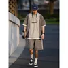 Sommar QuickDrying Set Men Women Japanese Retro ColorBlock Kort ärmsescasual Sports Cargo Shorts Couples Twopiece Suit 240411