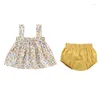 Roupas Conjuntos de roupas Roupas de impressão de bebê fino de verão para meninas Conjunto de mini vestido e pp shorts 2pcs roupas infantis 2024