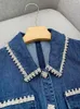 Abito in denim a pannelli a colore solido blu primaverile Abito a manicotto corto manica con strass di strass a petto singolo Abiti casual J4A12B116