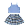 Clothing Sets Girl Summer 2 Piece Set Square Neck Spaghetti Strap Waffle Tops Elastic Waist Plaid Pleated Skirt Infant Toddler Outfits