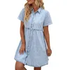 Casual jurken vintage reversnek met korte mouwen kopje Retro denim jurk vrouwen zomer rechte mini vaste kleur gewassen