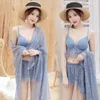 Traje de baño de baño para mujeres Juego de bikini acolchado sexy con encubrimiento de manga larga Traje de baño de playa brasileño 3 piezas verano