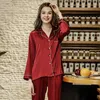 Hemkläder Silke Solid Womens Sleepwear Pyjama Set With Long Pants Woman Linglingies Hylsa Turn-Down Collar Underwear Wear